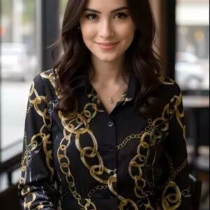 New York & Co black and gold long sleeve blouse size‎ Large